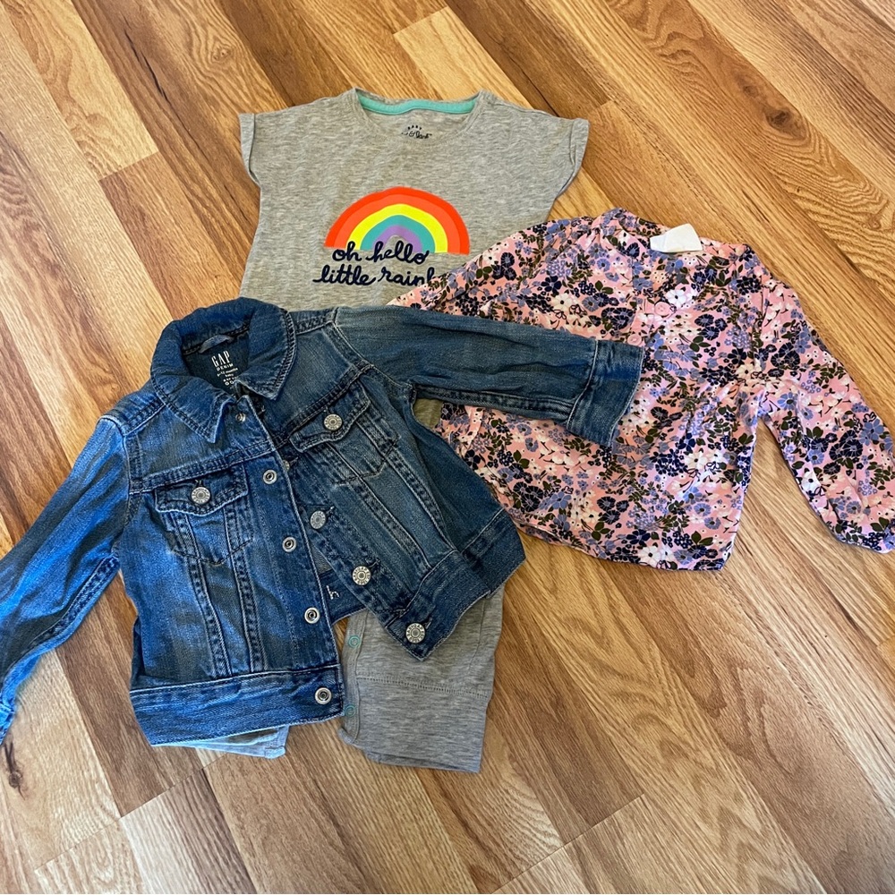 3-piece bundle 6-12mos, lot, denim jacket, one piece, long sleeve shirt, floral